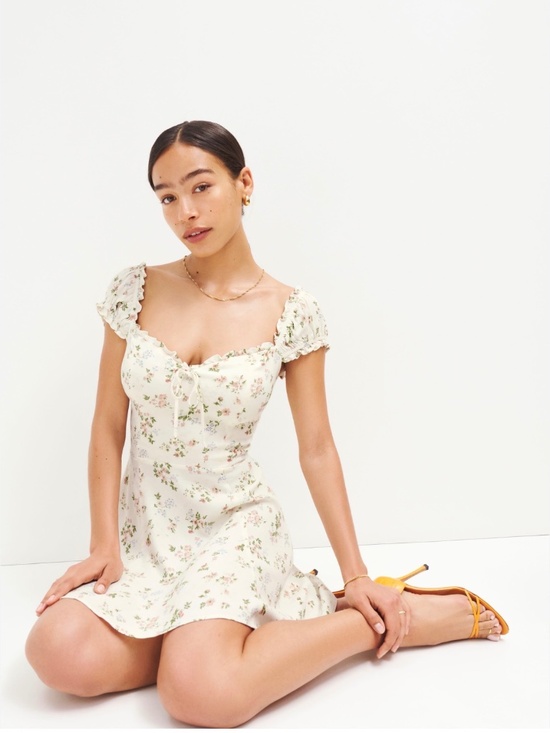 Reformation Dresses & Skirts - Reformation Floral Mini Dress Cream Cottagecore Ruffle Strap Tie Front Size 8